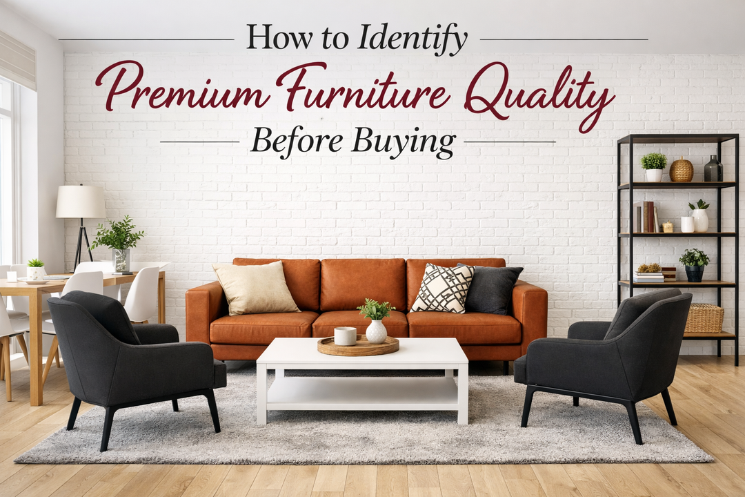 Modern living room with brown sofa, black armchairs, white brick wall, and headline “How to Identify Premium Furniture Quality Before Buying."