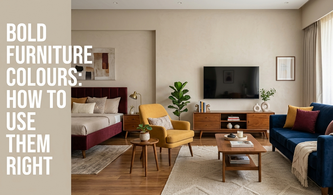 Bold furniture colours in modern living room with navy sofa, mustard chair and stylis interior