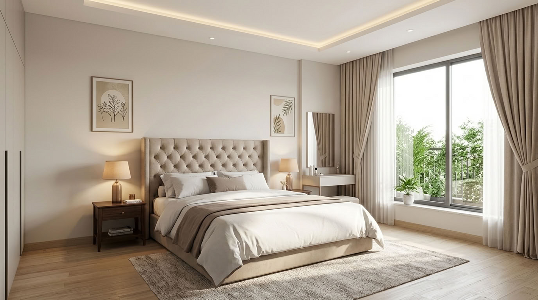 Premium king size upholstered bed in a modern Indian bedroom