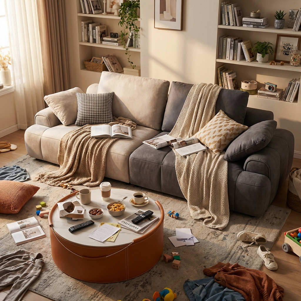 Minimal living room with an awkward layout showing space-saving furniture ideas to maximize space