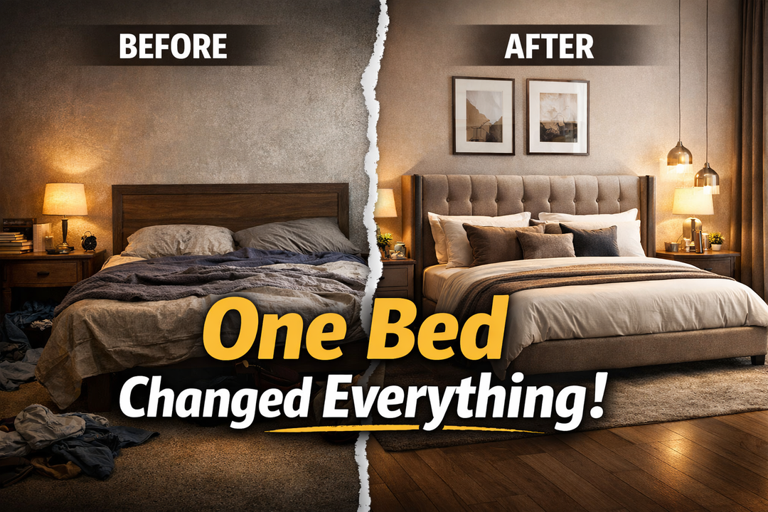 Before and after bedroom transformation showing how the right bed design improves room aesthetics and comfort