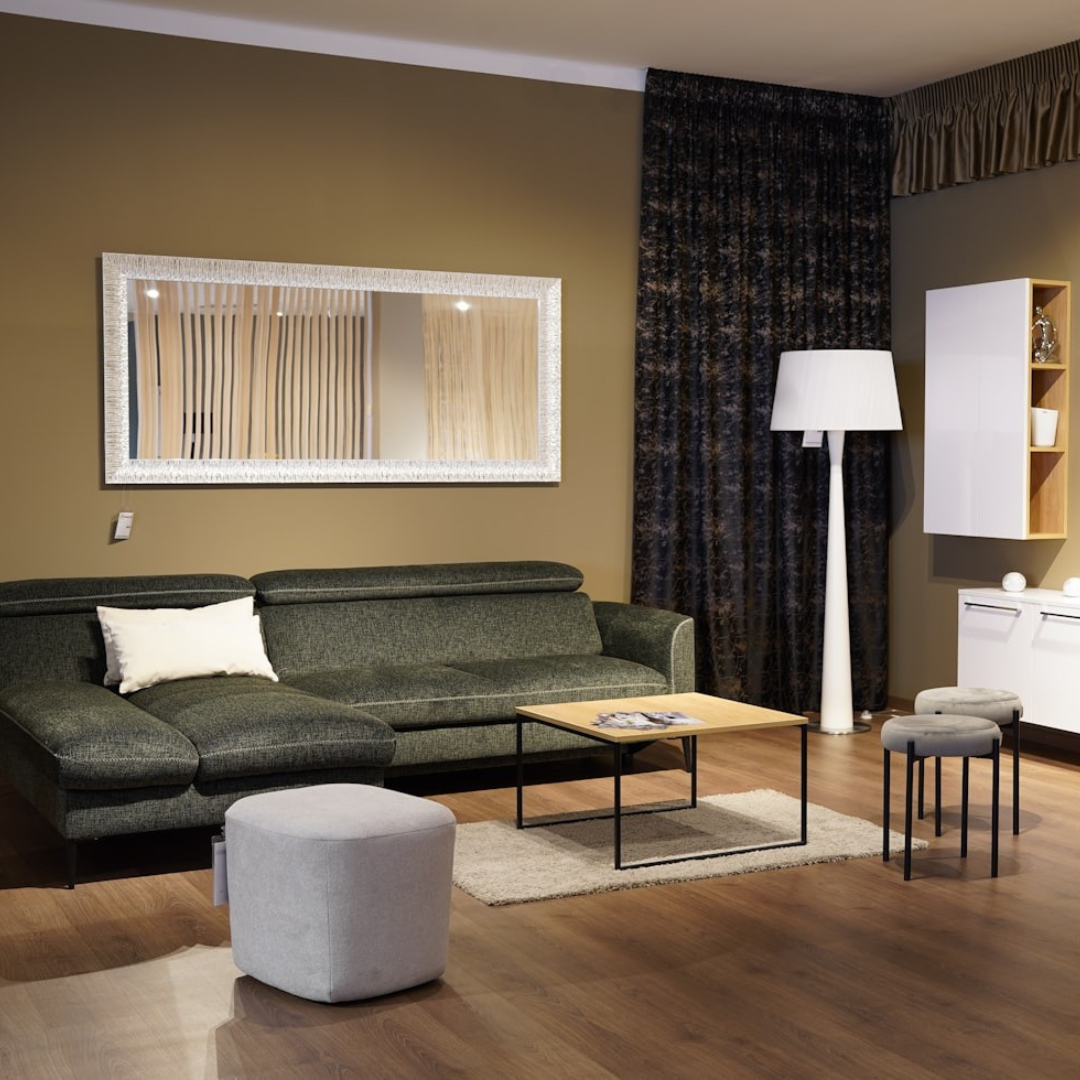 Sofa, nesting table and ottoman in living room