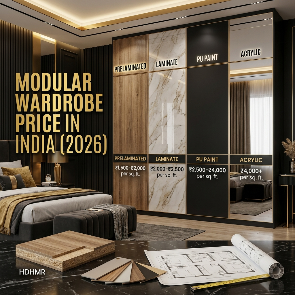 Modular wardrobe price in India 2026 showing material-wise cost comparison for prelaminated, laminate, PU paint, and acrylic wardrobe finishes.