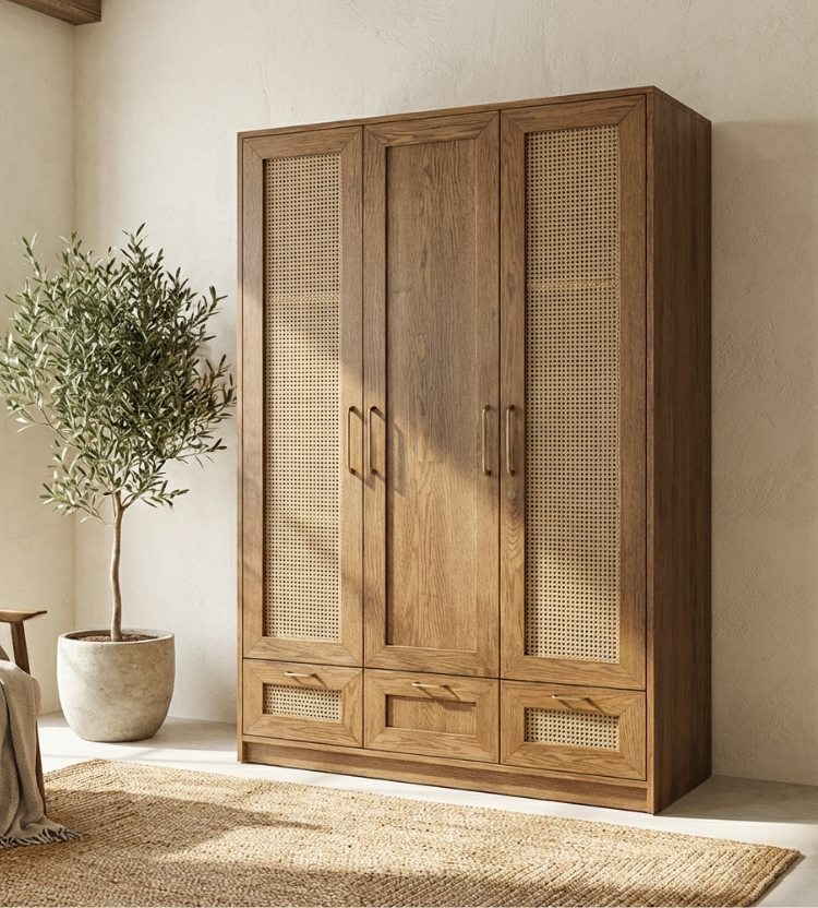 Wooden wardrobe with rattan accents in a room with a plant and rug.