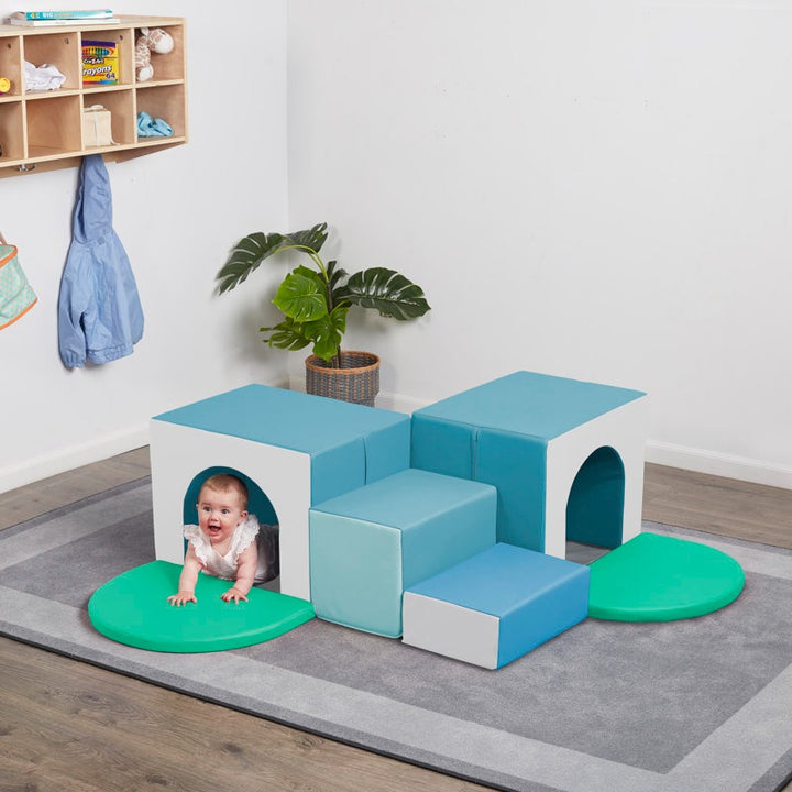 Jumbo Softplay Tunnels Playset – 7 Piece White | Blue | Green
