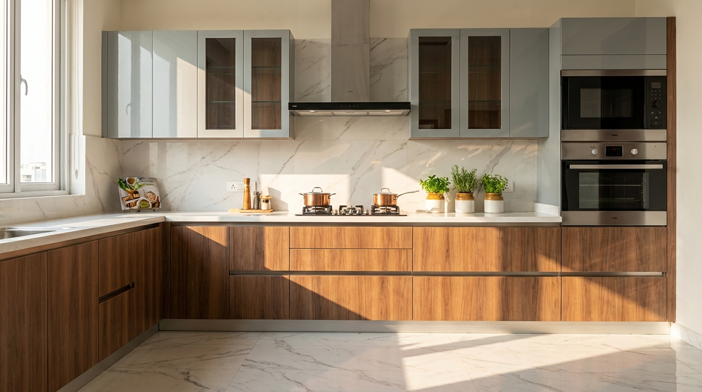 L-shaped modular kitchen with wooden and glass cabinets, marble countertops, and stainless steel appliances.