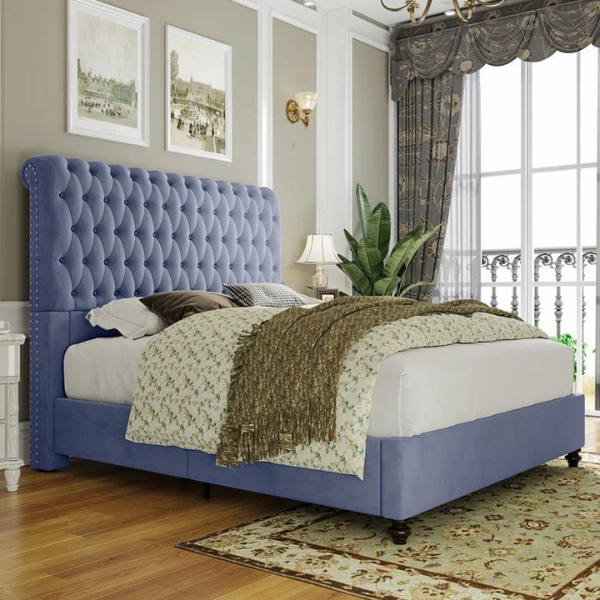 Crimson Bed Without Storage | King | Blue Fabric Upholstery