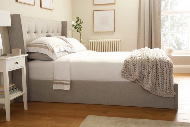 Bryan Bed with Hydraulic Storage | King | Beige Fabric Upholstery