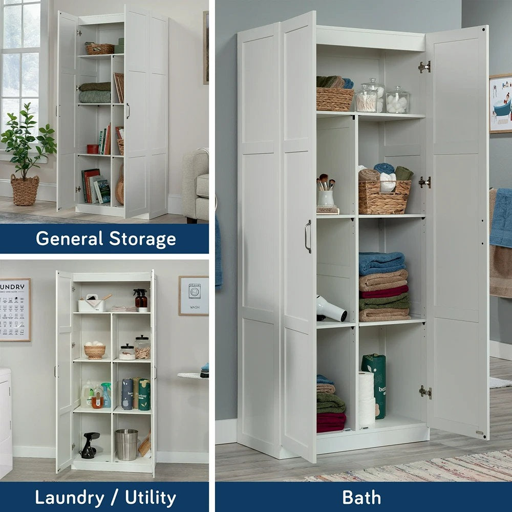 White storage cabinet with open doors showing different uses in a home setting.