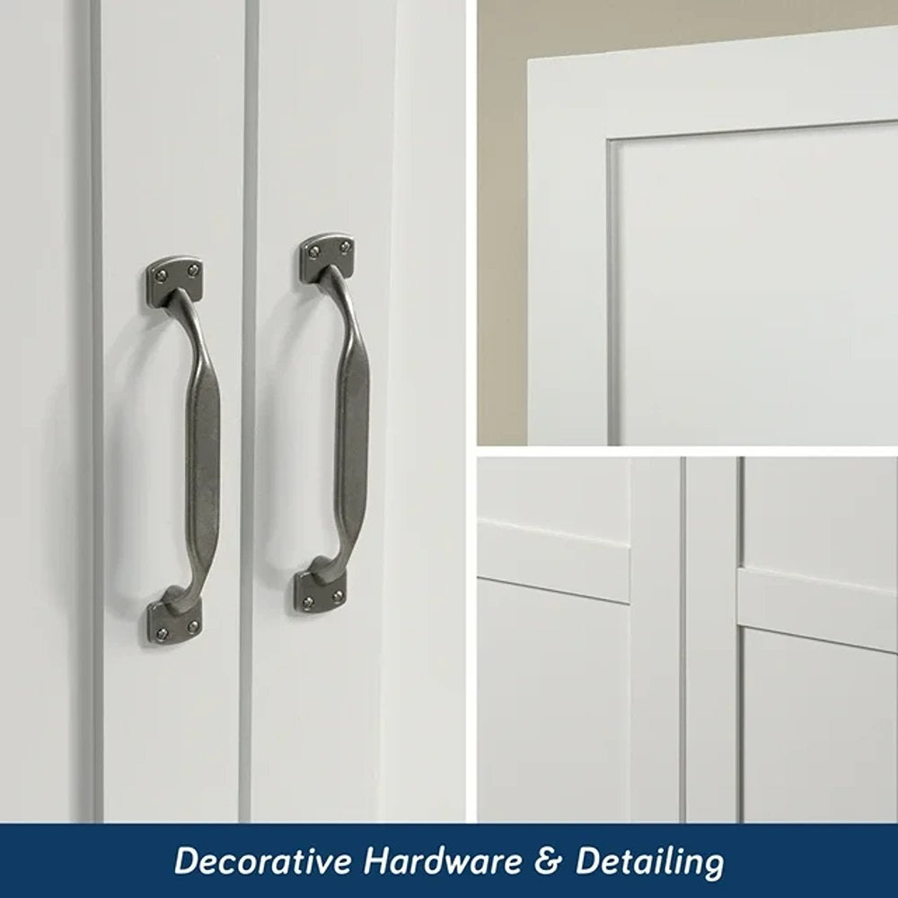 Decorative metal handles on a white cabinet with close-up details.