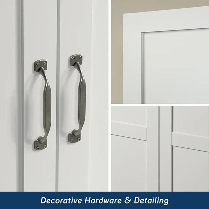 Decorative metal handles on a white cabinet with close-up details.