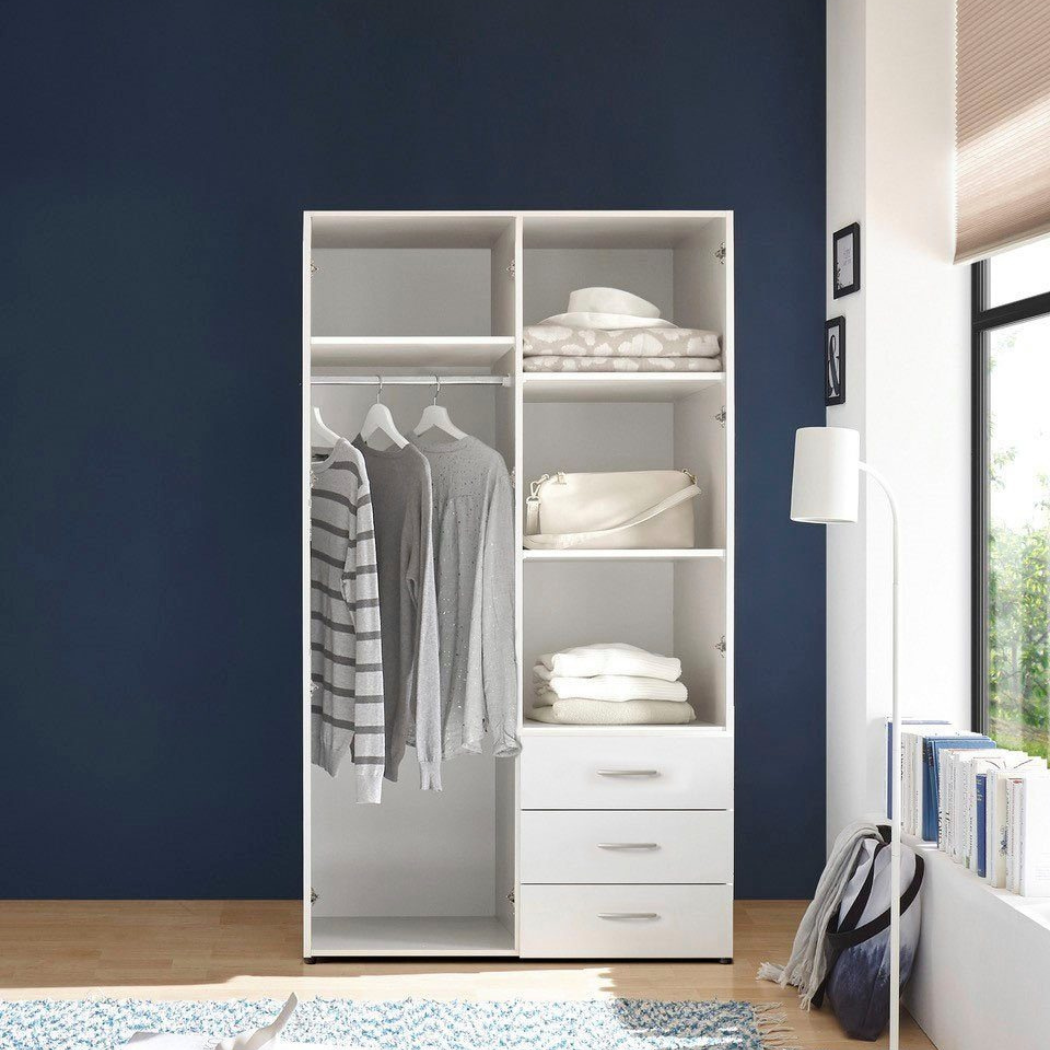 modern white 2-door wardrobe with 4 compartments and three drawers