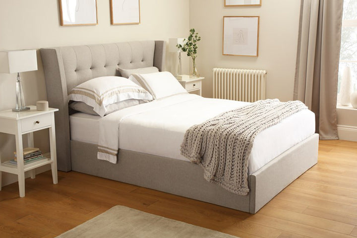 Bryan Bed with Hydraulic Storage | King | Beige Fabric Upholstery