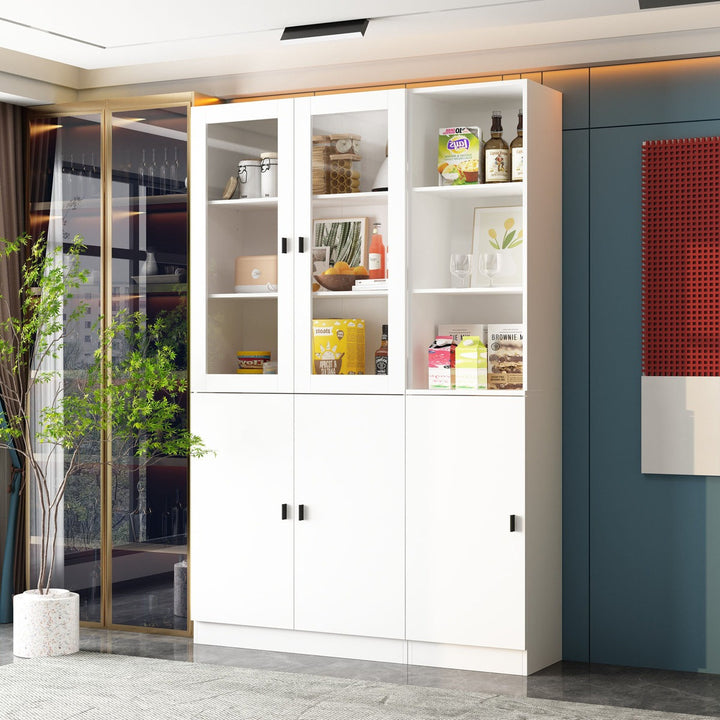 White storage cabinet with glass doors in a modern interior setting