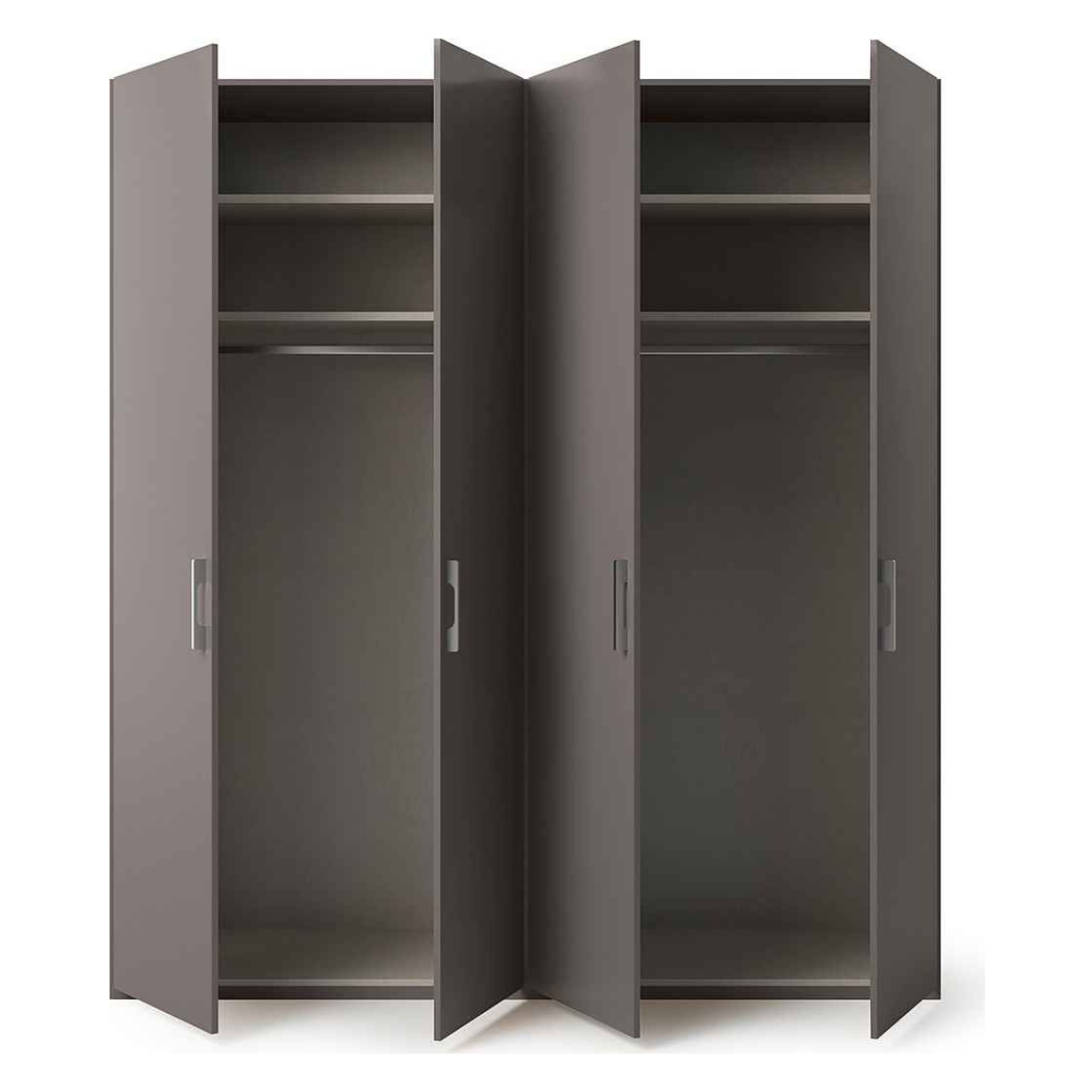 modern 4-door wardrobe with open doors to show internal storage. 
