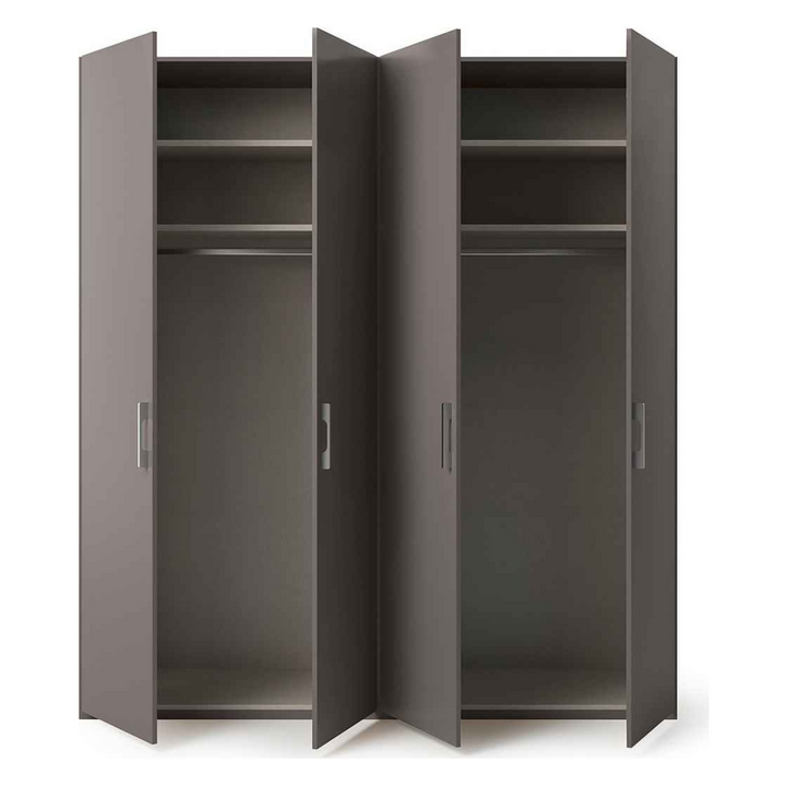 modern 4-door wardrobe with open doors to show internal storage. 