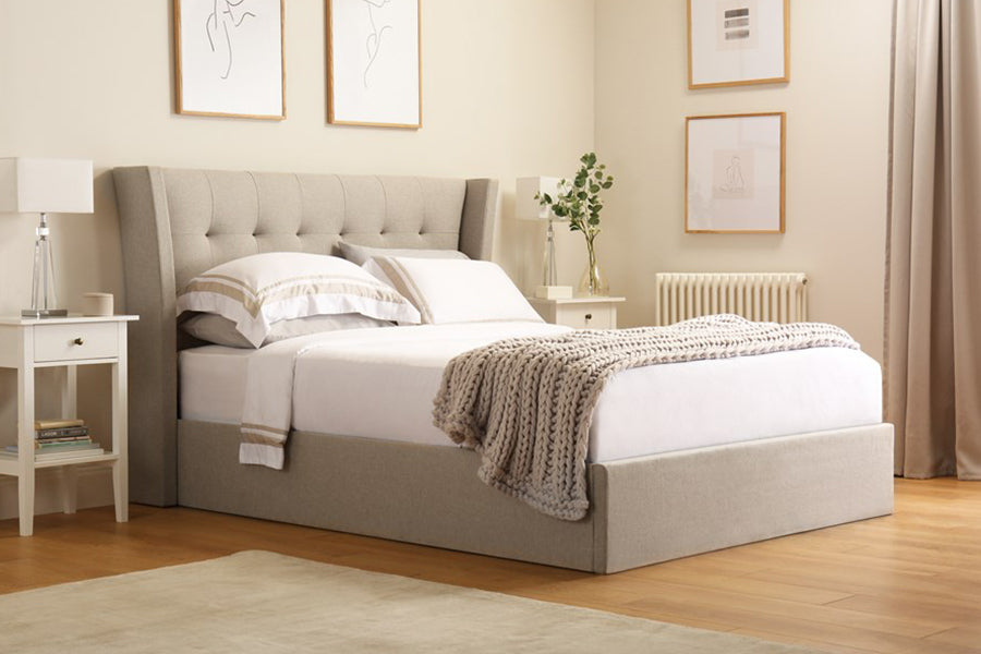 Bryan Bed with Hydraulic Storage | King | Beige Fabric Upholstery