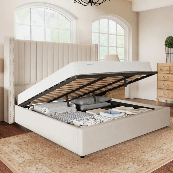 Onyx Bed with Hydraulic Storage | King | Cream Fabric