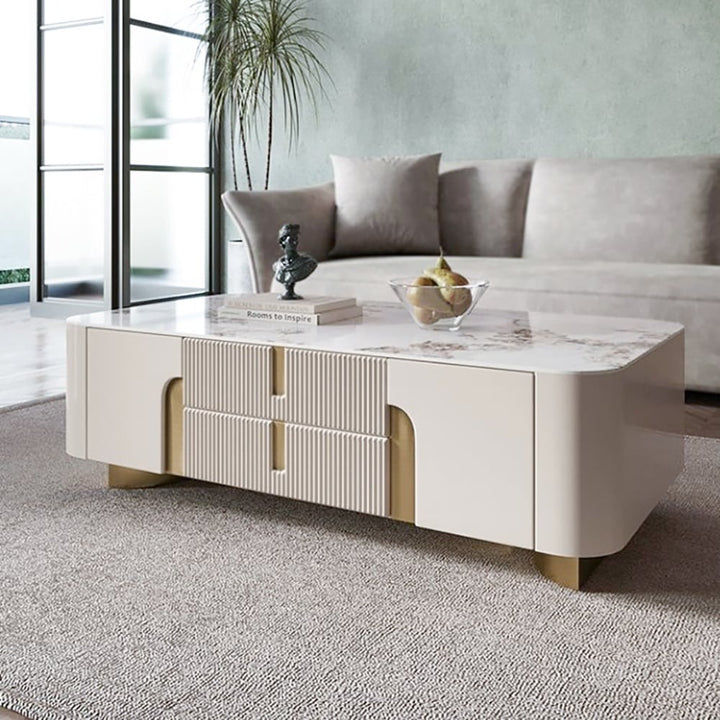 Beige coffee table with premium stone top and spacious storage drawers, set in a modern living room