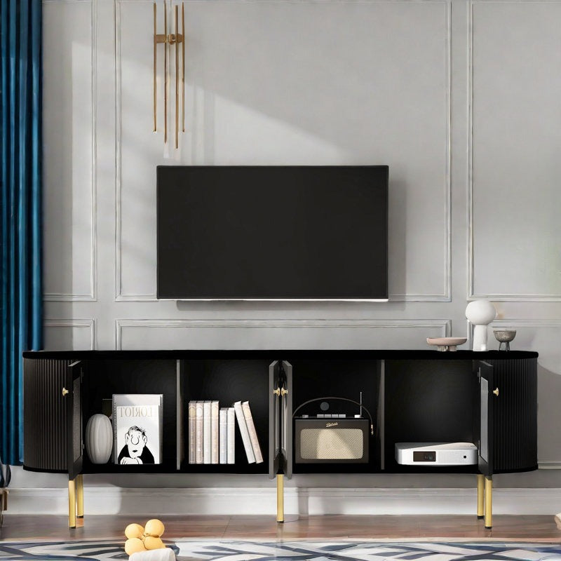 Black tv stand with open doors to show inner spacious