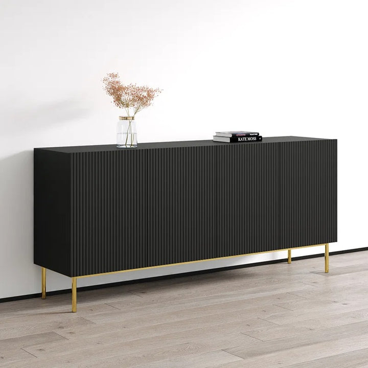 A modern black sideboard with golden accents, featuring soft close openable shutters and a buffet-style design with storage for dining and decorative items.