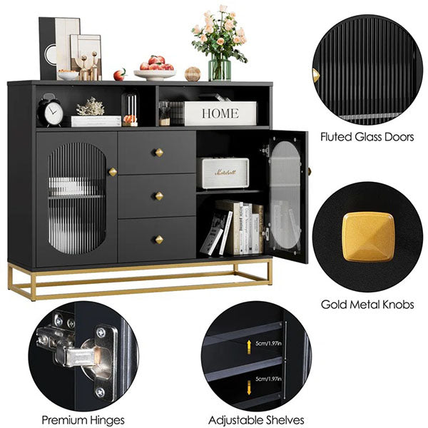 sideboard cabinet with fluted glass doors, gold metal knobs, premium hinges, and adjustable shelves on a golden metal base.