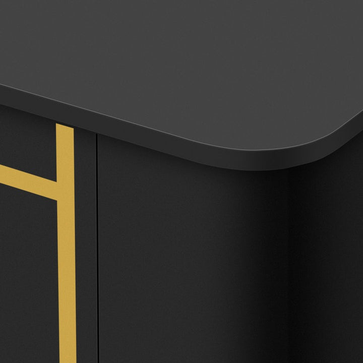 round corner of black tv unit with gold finished
