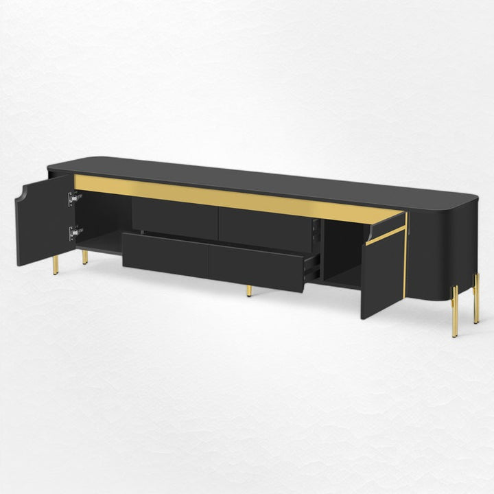 black tv unit with open doors and drawers