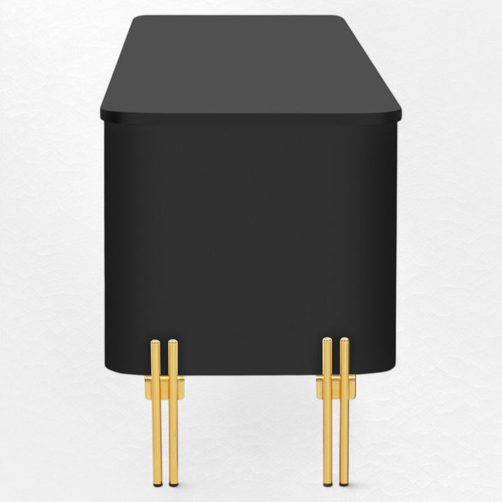black tv unit with round corner and golden legs
