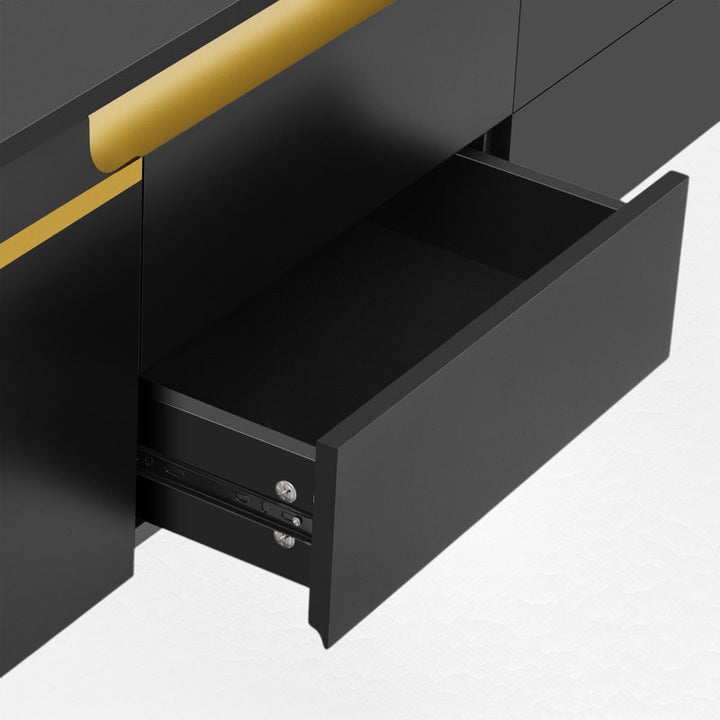 black tv unit with open drawers