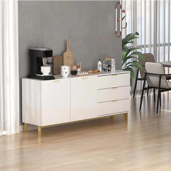 Contemporary living area featuring white Brians sideboard with gold accents and clean-lined aesthetic.