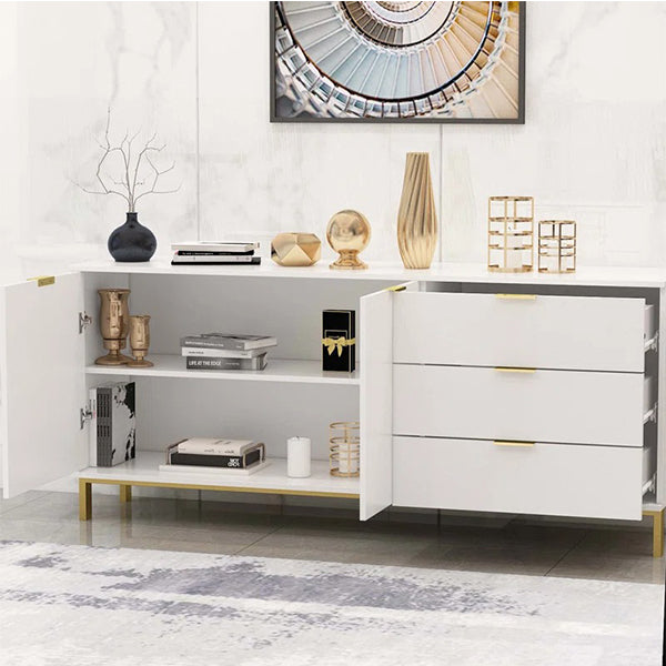 Brians white sideboard styled with decor items and floor mirror enhancing its modern storage appeal