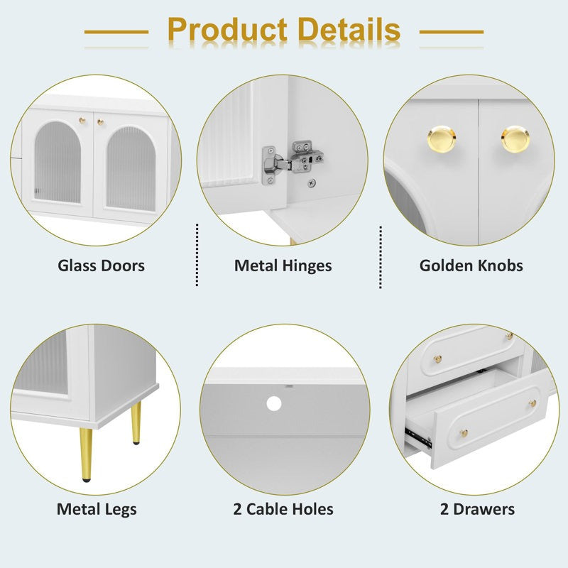 white tv unit with glass doors, golden knobs, metal legs, and drawers