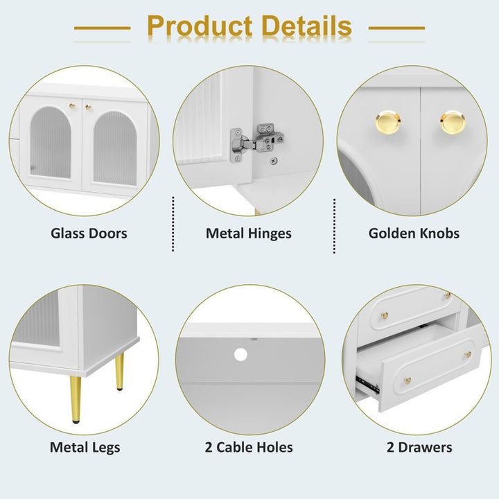 white tv unit with glass doors, golden knobs, metal legs, and drawers