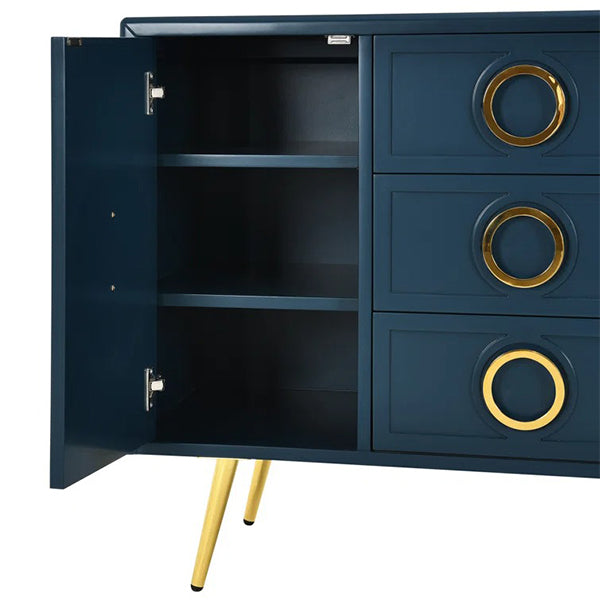 Close-up of Blueberry sideboard drawers in navy blue, showcasing soft-close mechanism and inner shelf grain texture