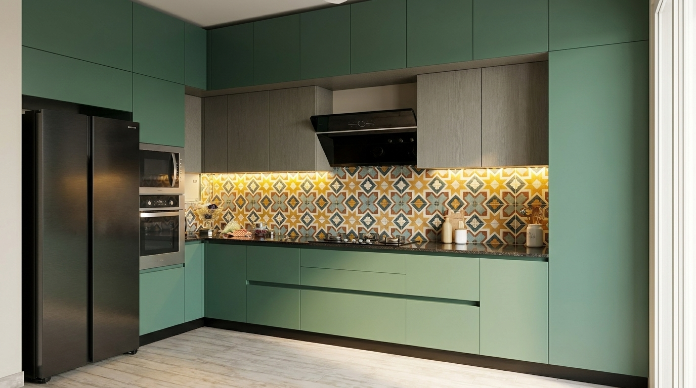 Modular kitchen with green cabinets, black appliances, and a patterned backsplash for a Delhi apartment