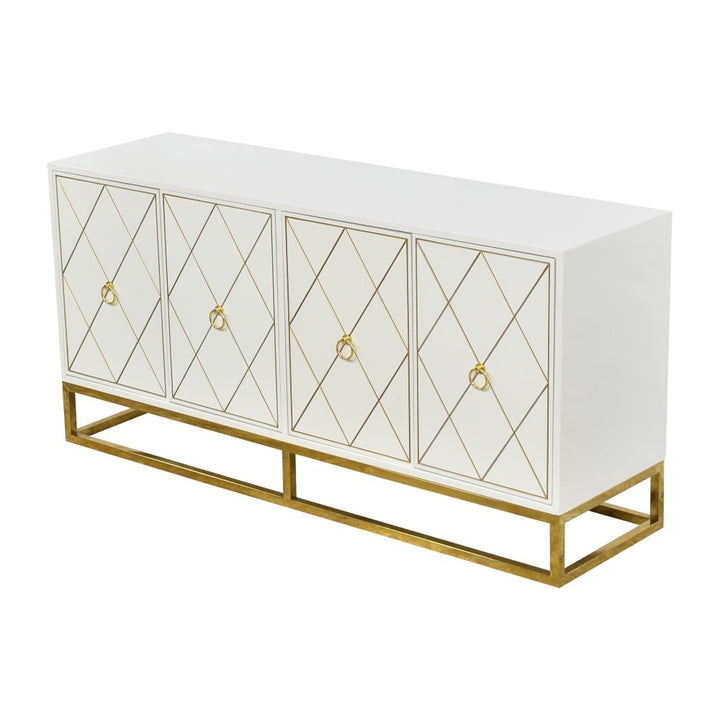 White sideboard with golden stands, handles and stylish geometric design