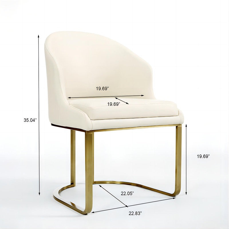 White chair with gold legs and measurements displayed.