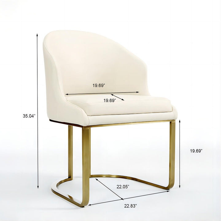 White chair with gold legs and measurements displayed.