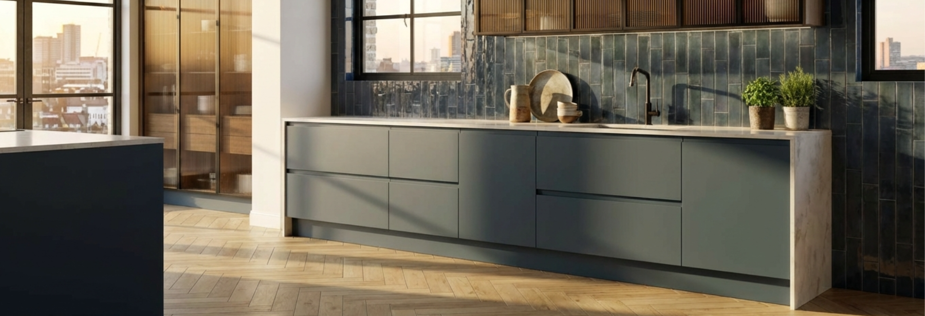 Modern kitchen with gray cabinets, wooden floor, and large windows.