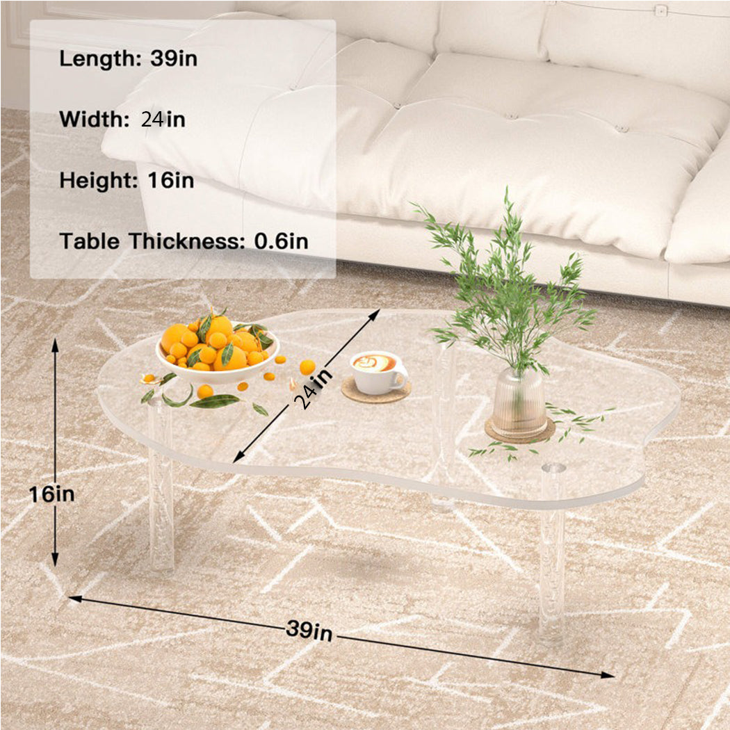 Echo acrylic coffee table clear, 39 × 24 × 16 in., lightweight transparent design with sculptural bubble legs and easy assembly.