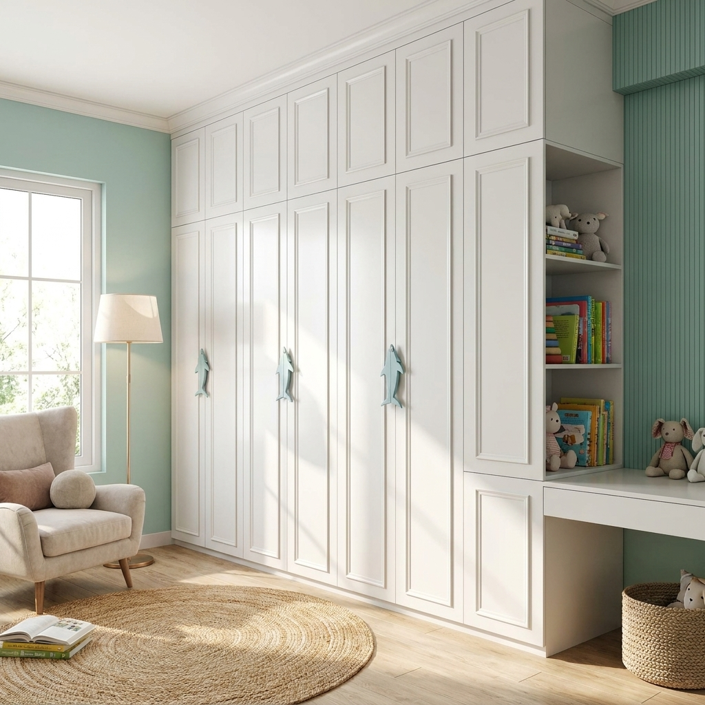 Children's room with white wardrobe in faridabad, chair, and toys