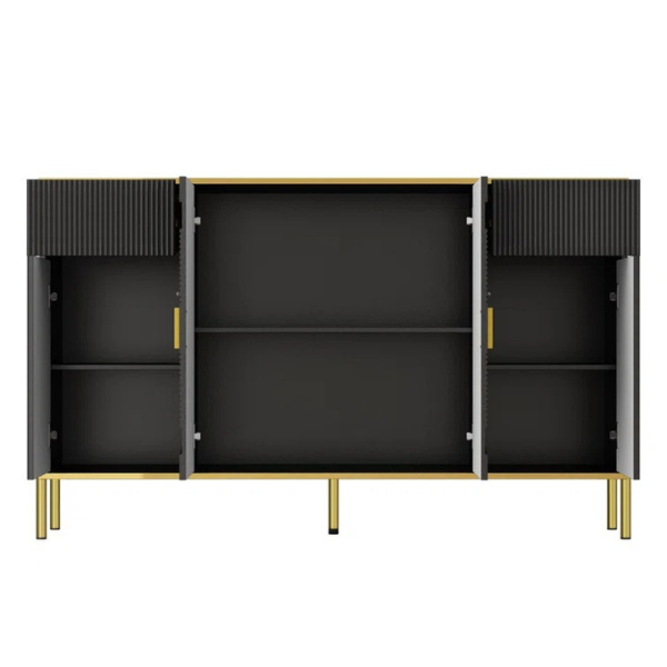 Front view of black buffet cabinet with open doors and drawers showing spacious storage compartments.