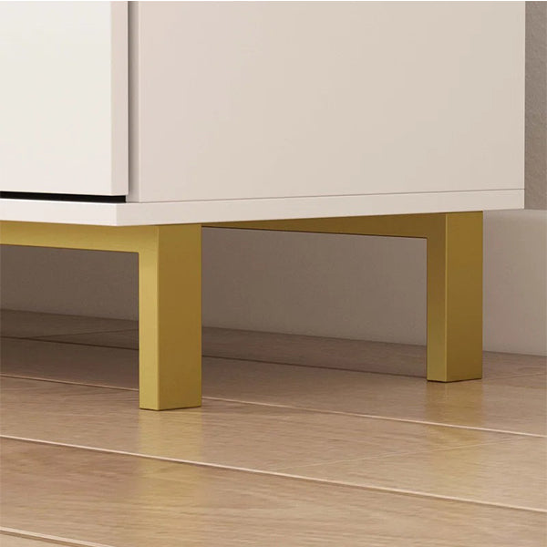 Gold-tone splayed metal legs on Brians white sideboard offering modern elegance and floor protection.