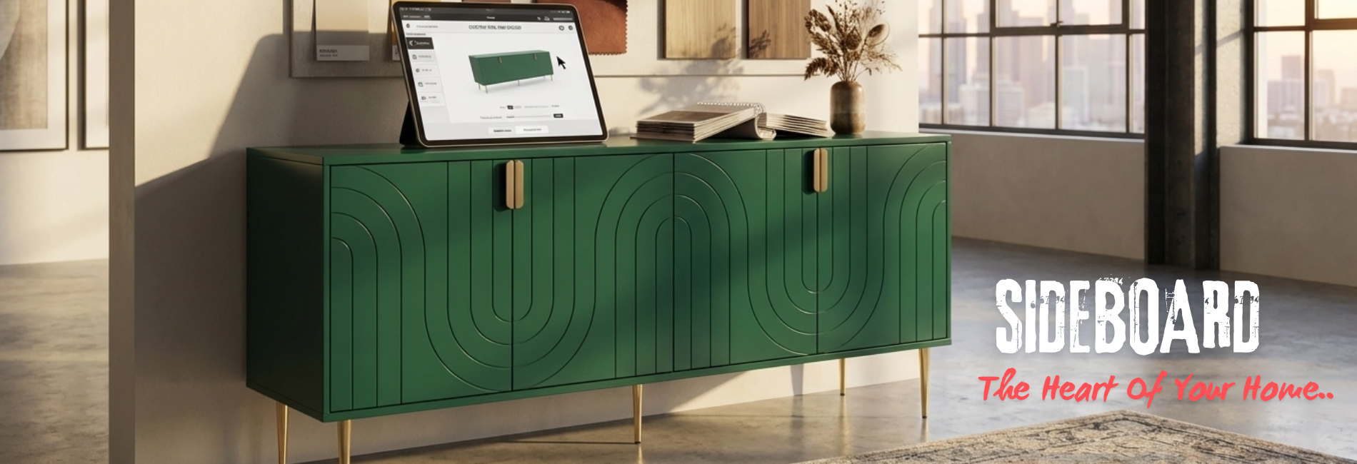 Green sideboard with modern design and gold design