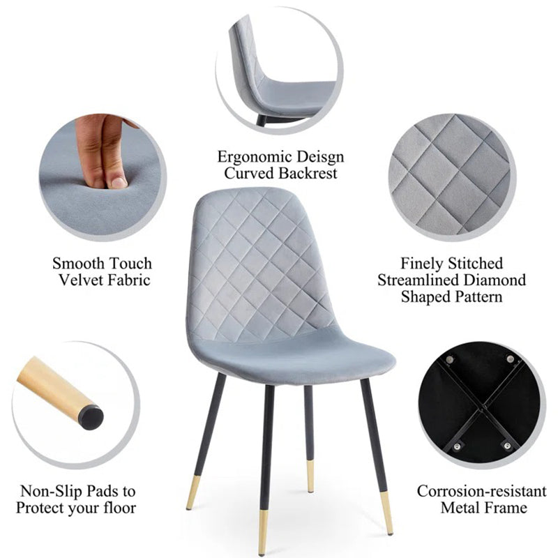 grey dining chair with smooth velvet fabric, finely stitched streamlined diamond-shaped pattern, ergonomic design curved backrest and nonslip pads 