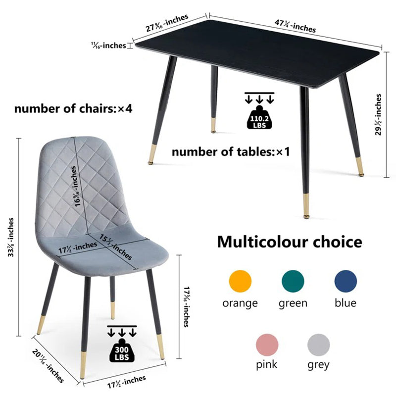 dimension of 4-seater dining table set with ergonomics chairs on white background