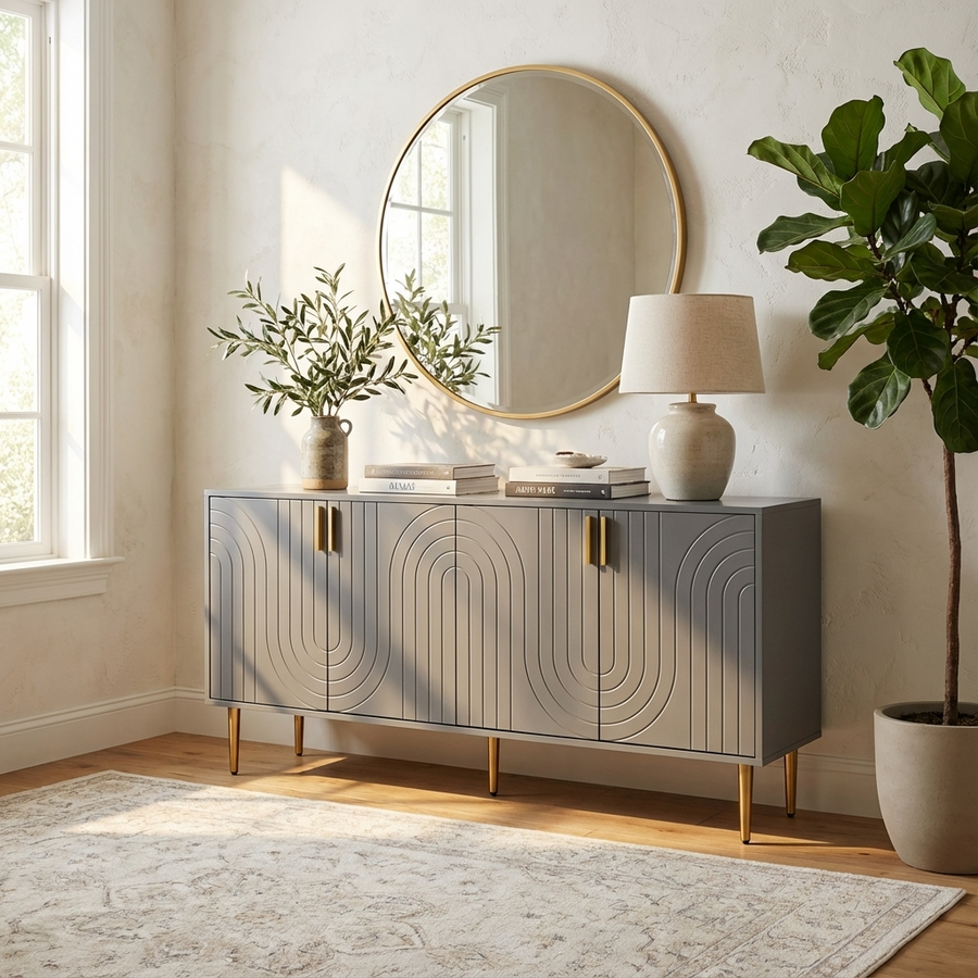 Gray sideboard with gold accents in a room with a round mirror, lamp, and plants.