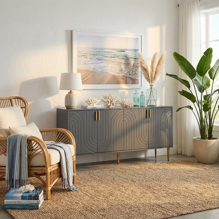 Living room with a wicker chair, premium grey sideboard, and decorative elements.