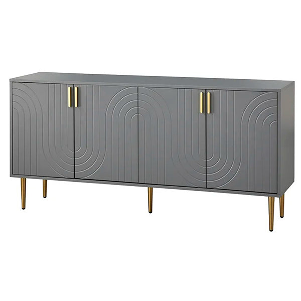 modern grey buffet table with gold legs and handles placed on a white background